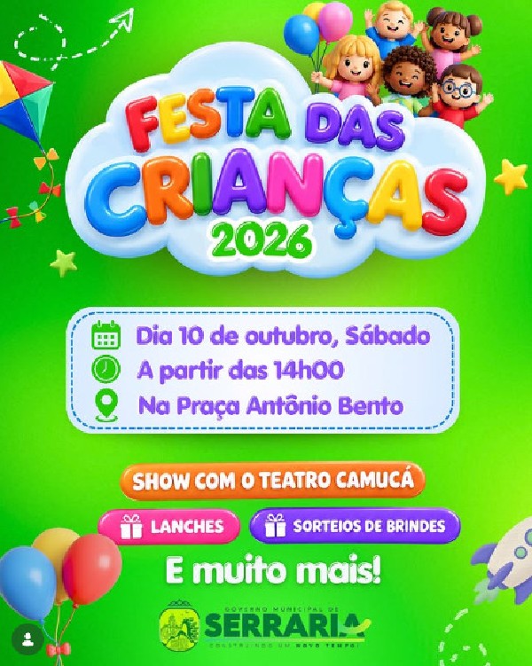 Prefeitura de Serraria promove grande festa em comemoração ao Dia das Crianças, neste sábado (10)